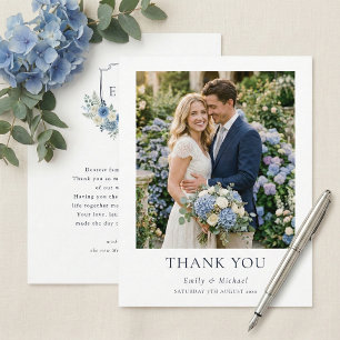 Carte De Remerciements Mariage Élégant Floral Aquarelle Bleue