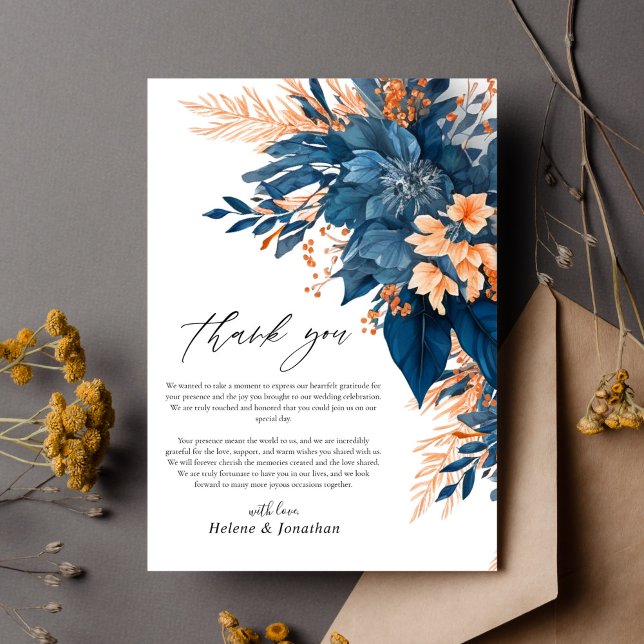 Carte De Remerciements Mariage Élégant Floral Rouille Orange Marine (Navy Orange Rust Floral Elegant Wedding Thank You Card)