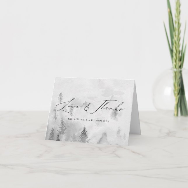 Carte De Remerciements Mariage Élégant Gris Forêt d'Hiver Amour & Remerci (Devant)