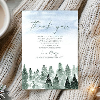 Carte De Remerciements Mariage Élégant Hiver Neige Pins Verts