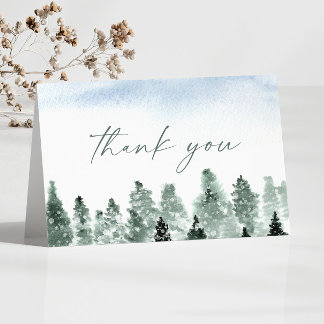 Carte De Remerciements Mariage Élégant Hiver Neige Pins Verts