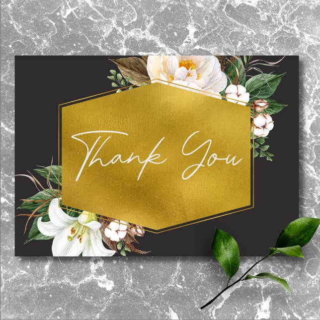 Carte De Remerciements Mariage Élégant Moderne Pivoines Blanches Noir (Modern Elegant White Peonies Black Wedding Thank You Card)