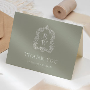 Carte De Remerciements Mariage Élégant Monogramme Crête Vert Sauge