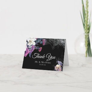 Carte De Remerciements Mariage élégant noir violet gothique floral crâne