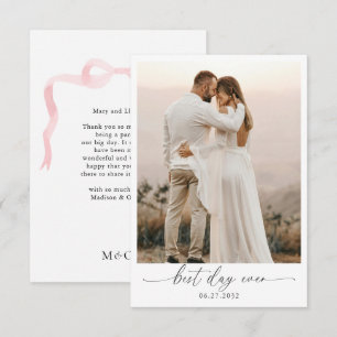 Carte De Remerciements Mariage élégant photo monogramme rose pâle noeud