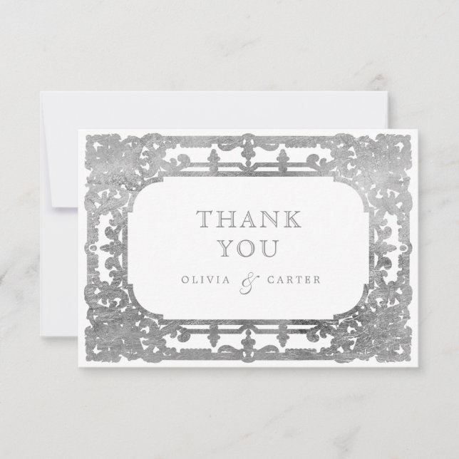 Carte De Remerciements Mariage élégant romantique orné d'argent (Devant)