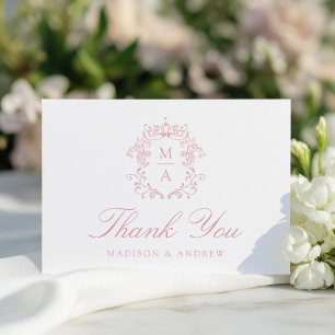 Carte De Remerciements Mariage Élégant Rose Chinoiserie Monogramme Blason