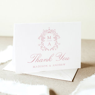 Carte De Remerciements Mariage Élégant Rose Chinoiserie Monogramme Crête