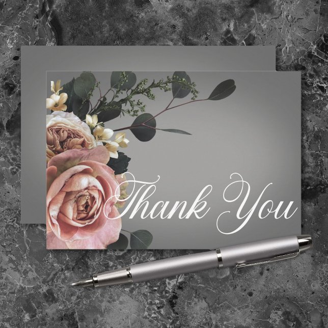 Carte De Remerciements Mariage Élégant Roses Florales Blanches et Roses s (Elegant Pink White Floral Roses Gray Wedding Thank You Card)
