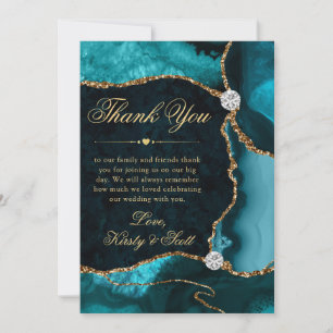 Carte De Remerciements Mariage élégant sarcelle et or paillettes d'agate
