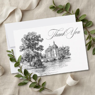 Carte De Remerciements Mariage Élégant Toile Noir et Blanc Manoir Françai