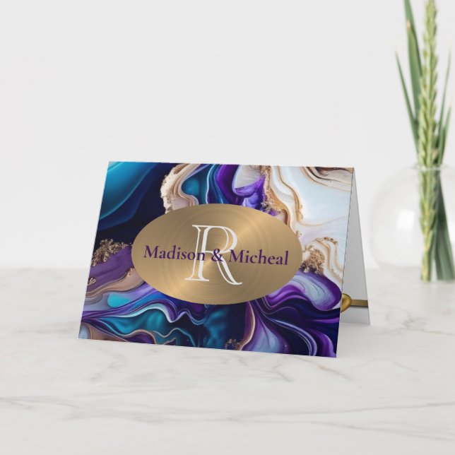 Carte De Remerciements Mariage élégant violet, or et Aqua (Devant)