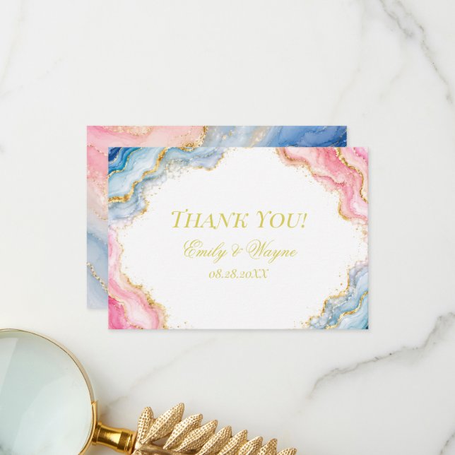 Carte De Remerciements Mariage en Agate Rose Bleu Or (Devant/Arrière en situation)
