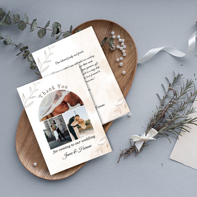 Carte de remerciements Mariage en ivoire avec 3 ph (Ivory Script Wedding Thank You Card with 3 Photos)