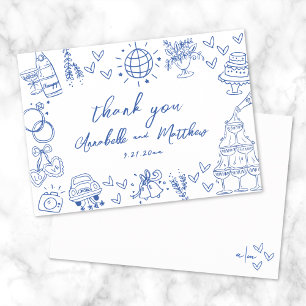 Carte De Remerciements Mariage Fantaisiste Bleu Dessiné à la Main