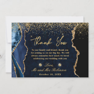 Carte De Remerciements Mariage Faux Paillettes Agate Bleu Nuit et Or