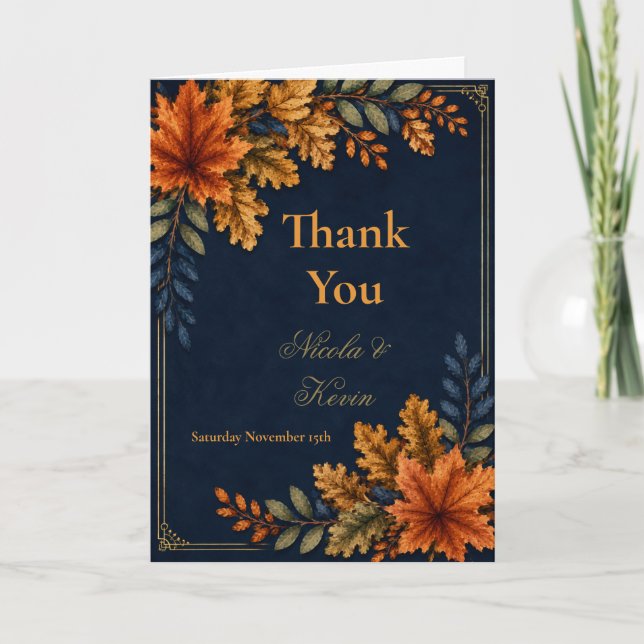 Carte De Remerciements Mariage Feuilles d'Automne Navy (Devant)
