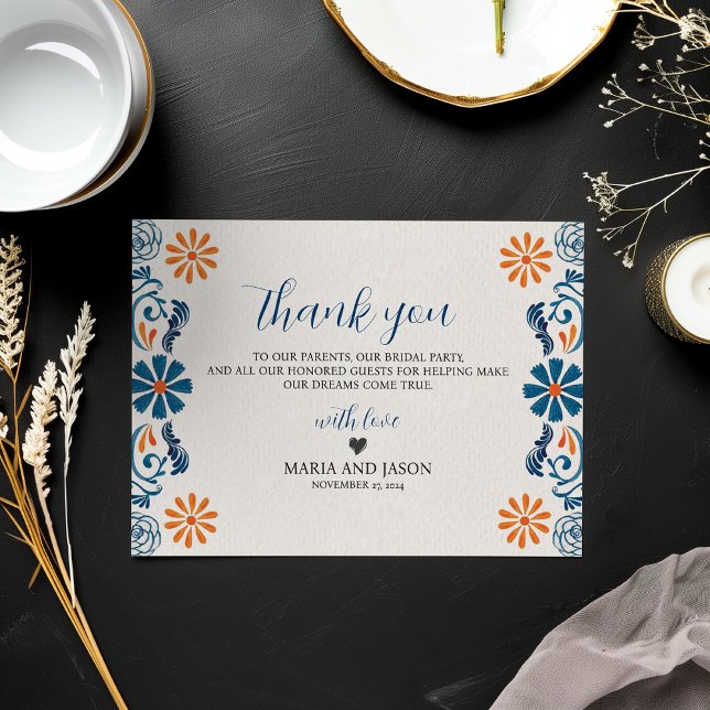 Carte De Remerciements Mariage Fiesta mexicain bleu orange floral élégant (Mexican Blue Orange Floral Elegant Fiesta Wedding Thank You Card)