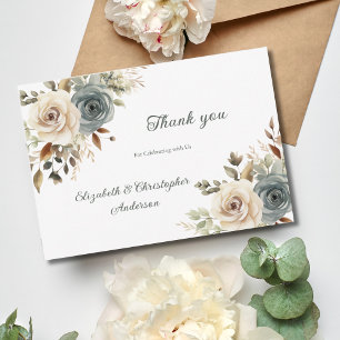 Carte De Remerciements Mariage Fleur Botanique Verdure Blanc Bleu Poussié