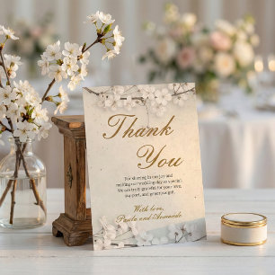 Carte De Remerciements Mariage Fleur de Cerisier Blanc & Écriture Dorée