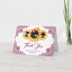 Carte De Remerciements Mariage Fleur de Tournesol en Dentelle Rustique Ro