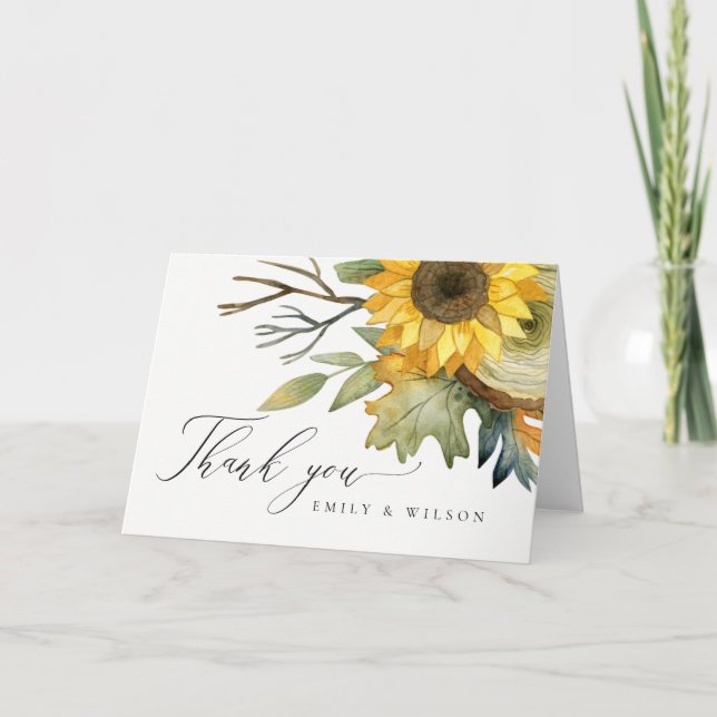 CARTE DE REMERCIEMENTS MARIAGE FLEUR DE TOURNESOL JAUNE RUSTIQUE A L'AQUA (Devant)