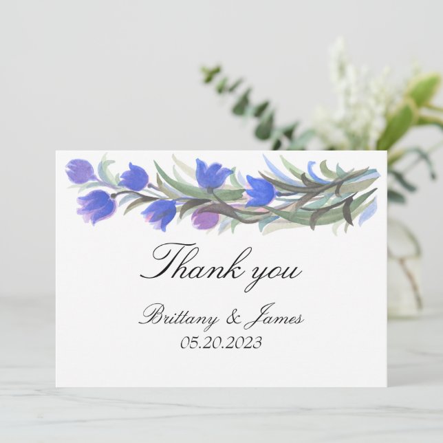 Carte De Remerciements Mariage fleur sauvage bleu sauge vert (Debout devant)