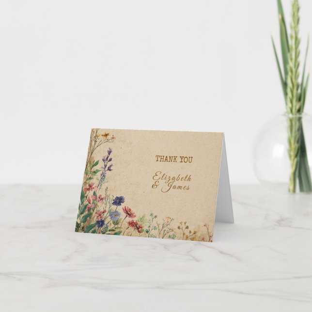Carte De Remerciements Mariage Fleur sauvage Boho rustique frontière beig (Devant)