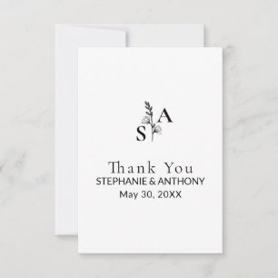 Carte De Remerciements Mariage Fleur sauvage minimaliste BW Monogram