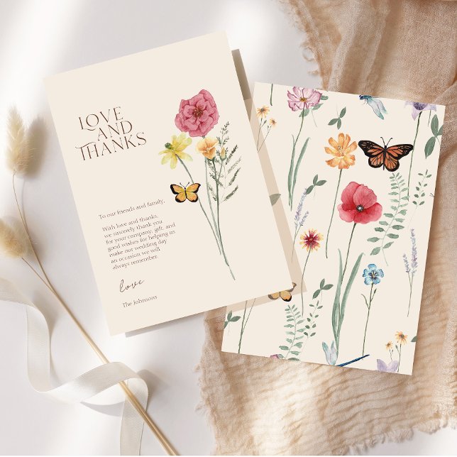 Carte De Remerciements Mariage Fleur Sauvage Rose Jaune Amour Et Remercie (Pink Yellow Wildflower Love And Thanks Wedding Thank You Card)