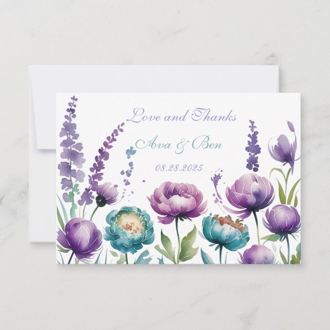 Carte De Remerciements Mariage Fleur sauvage violet Turquoise (Devant)