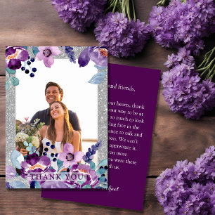 Carte De Remerciements Mariage Fleurie Aquarelle Violette et Paillettes d