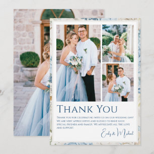 Carte De Remerciements Mariage Fleurs Bleu Poussiéreux Quatre Photos