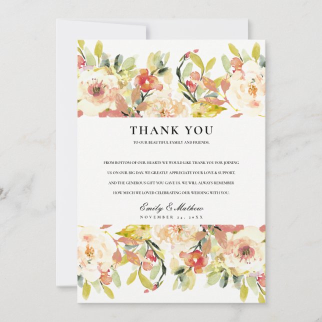 CARTE DE REMERCIEMENTS MARIAGE FLORAL À L'AQUARELLE ROSE PÊCHE ROSE SUBTI (Devant)