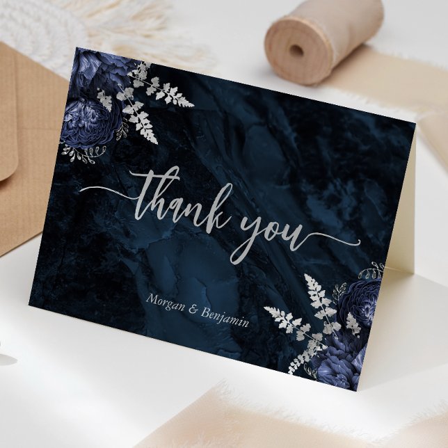Carte De Remerciements Mariage Floral Argent Bleu Marine Script (Créateur téléchargé)