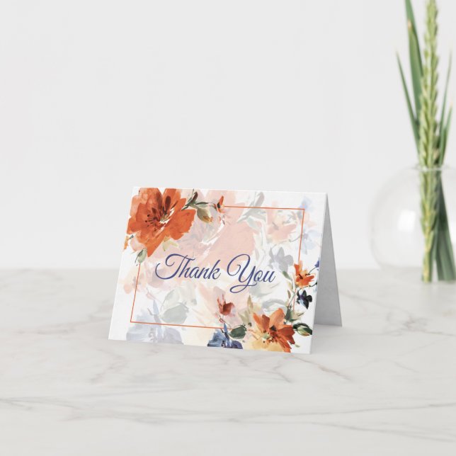 Carte De Remerciements Mariage floral automnal aquarelle orange et bleu  (Devant)