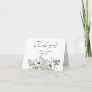 Carte De Remerciements Mariage Floral Blanc Bleu Élégant