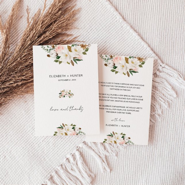 Carte De Remerciements Mariage floral blanc et rose vif (White and Blush Pink Magnolia Floral Wedding Thank You Card)