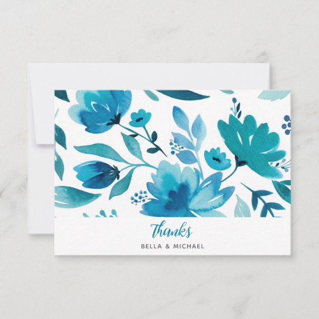 Carte De Remerciements Mariage floral bleu bohème (Devant)