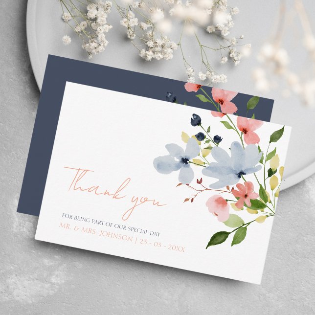 Carte De Remerciements Mariage floral bleu et rose simple Boho (Créateur téléchargé)