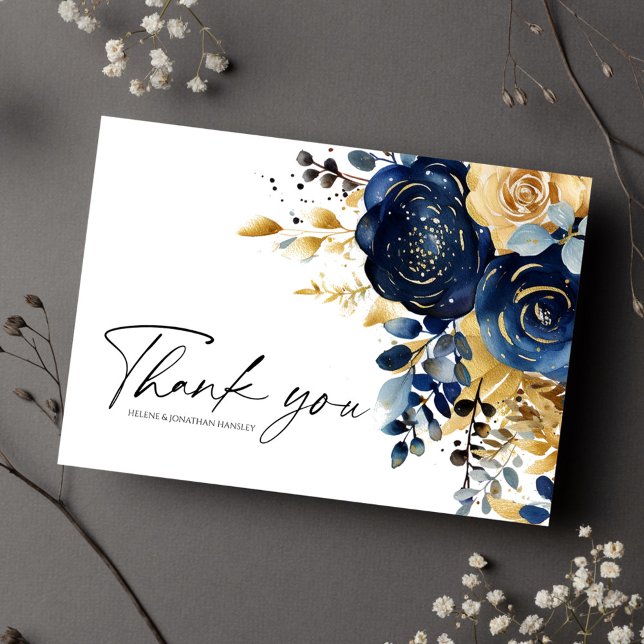Carte De Remerciements Mariage floral bleu marine (Navy Blue Gold Floral Wedding Thank You Card)