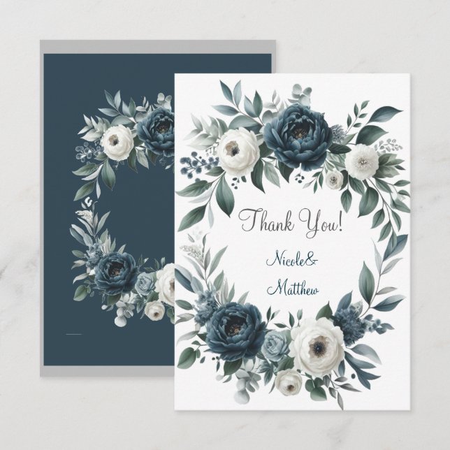 Carte De Remerciements Mariage floral bleu marine et argent ivoire (Devant / Derrière)