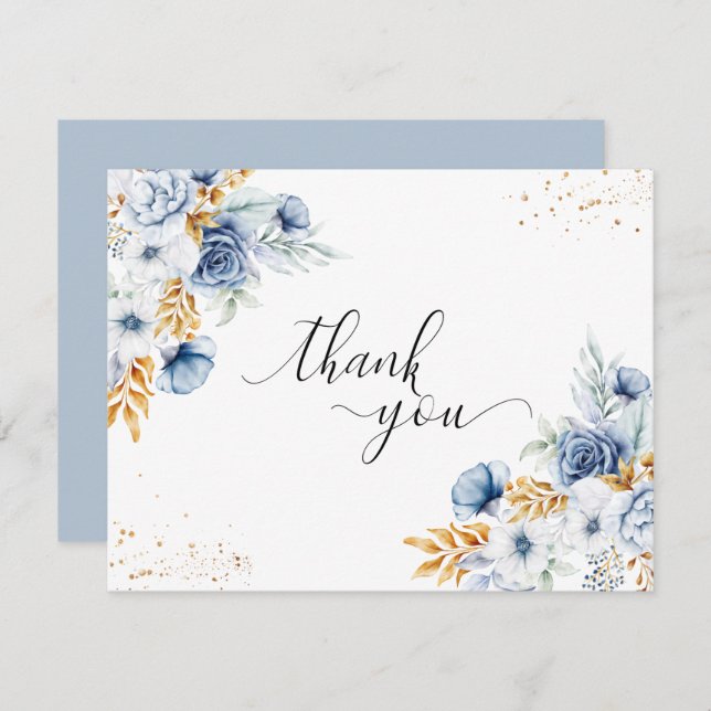Carte De Remerciements Mariage Floral Bleu Poussiéreux Or Blanc (Devant / Derrière)