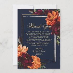 Carte De Remerciements Mariage Floral Bordeaux Orange Marine Sombre