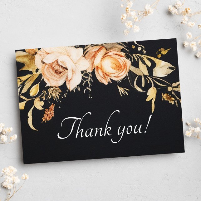 Carte De Remerciements Mariage Floral de automne moderne noir (Black Modern Fall Floral Wedding Thank You Card)