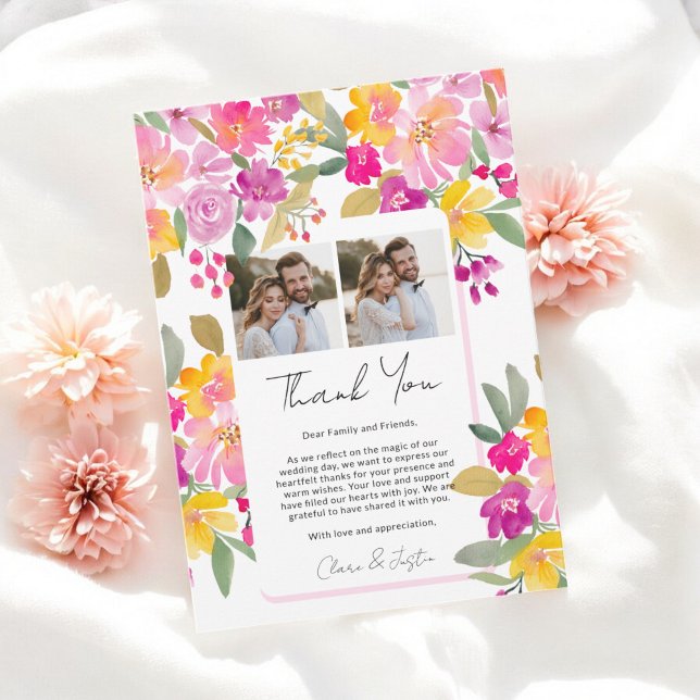 Carte De Remerciements Mariage floral d'été de printemps vibrant 3 photos (Vibrant Spring Summer Floral 3-Photo Wedding Thank You Card)