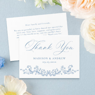 Carte De Remerciements Mariage Floral Élégant Bleu Poussiéreux Victorien