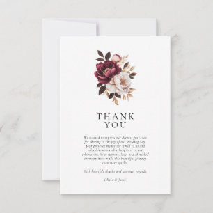 Carte De Remerciements Mariage Floral Élégant Bourgogne Or