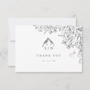 Carte De Remerciements Mariage Floral Élégant Classique Noir et Blanc
