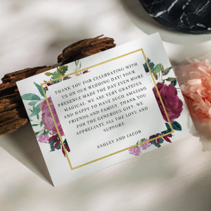 Carte De Remerciements Mariage floral élégant de jardin bordeaux / vin